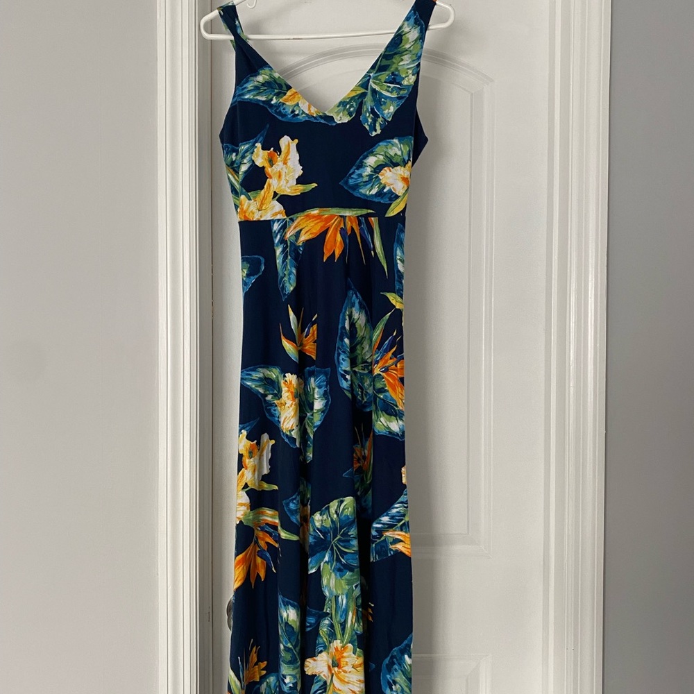 Chaps Small Petite Dark Blue Orange Tropical Floral Floor Length V Neck Dress